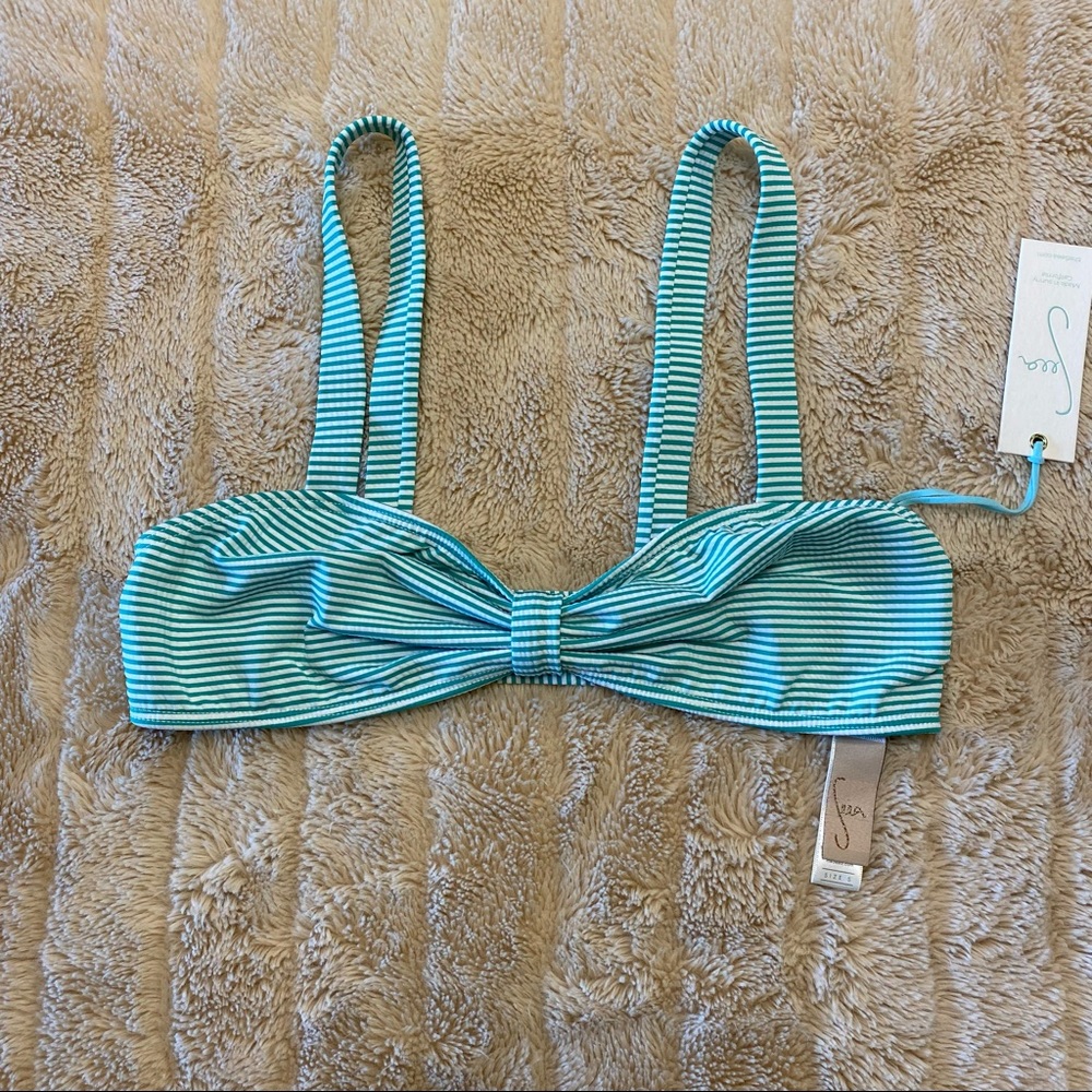 NWT SEEA seersucker turquoise/white bikini top S